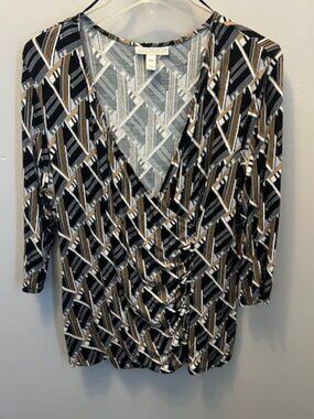 Women's Dana Buchman V neck Black/White/Tan Blouse. Size PXL, 3/4 sleeve Ex Con!